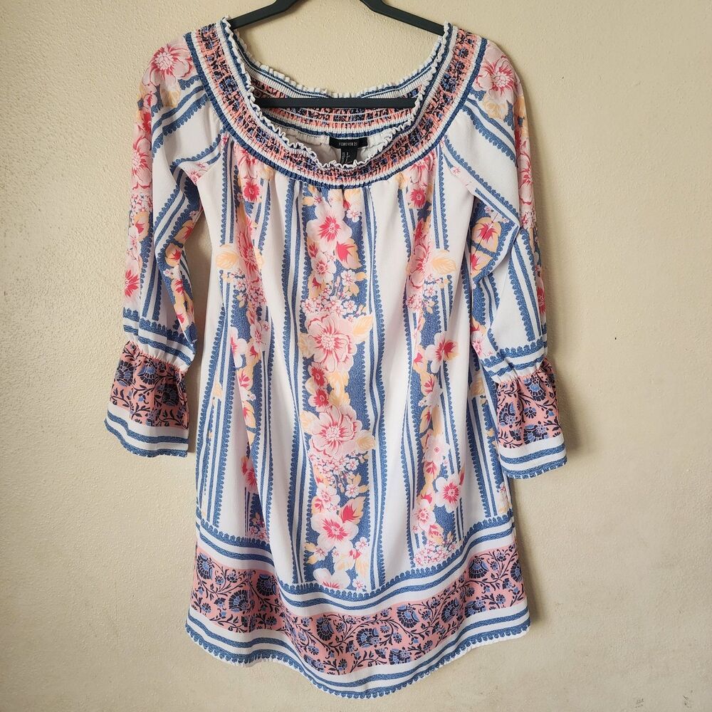 Forever 21 Boho Floral Off Shoulder Bell Sleeve Mini Dress Small Cottagecore Y2K